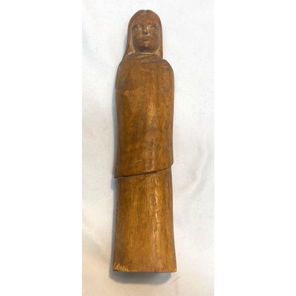 2 Hand Carved Wood Folk Figures Women 1 Signed